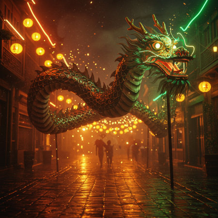 Chinese dragon in the street at night, Chengdu, Sichuan Province, Chinaの素材
