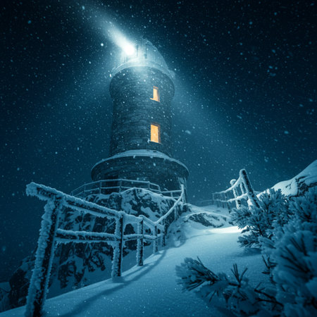 Snowy winter landscape with old lighthouse in the mountains at night.の素材
