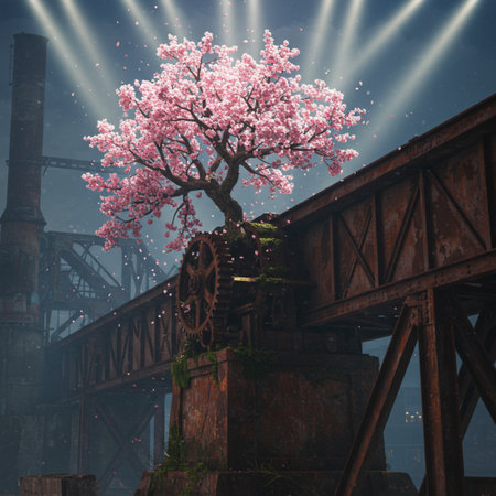 Cherry blossom tree in abandoned factory. 3D Renderingの素材