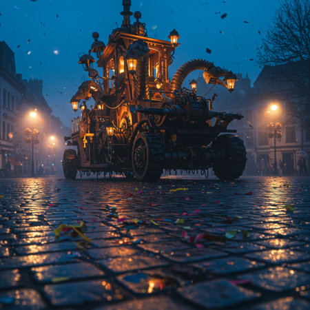 Carriage on the street at night with a garland of lightsの素材