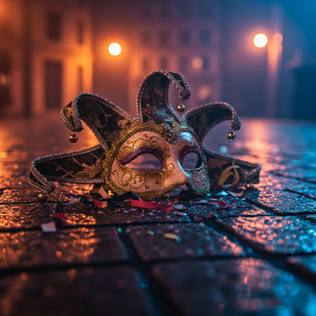 Traditional Venetian carnival mask on the street at night.の素材