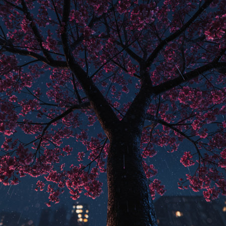 cherry blossom tree at night with rain drops falling on itの素材