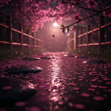 Pink cherry blossom tree in full bloom at night with water drops falling downの素材