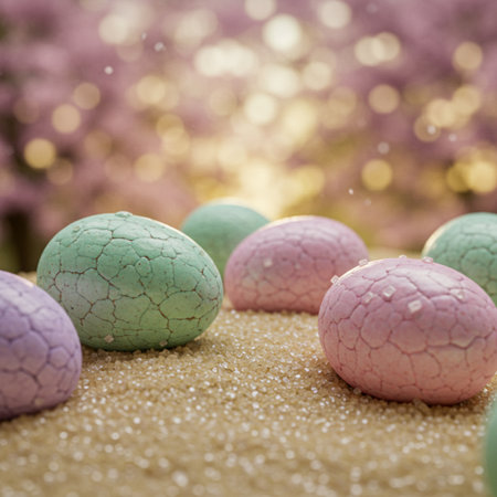 Colorful easter eggs on the sand with bokeh backgroundの素材
