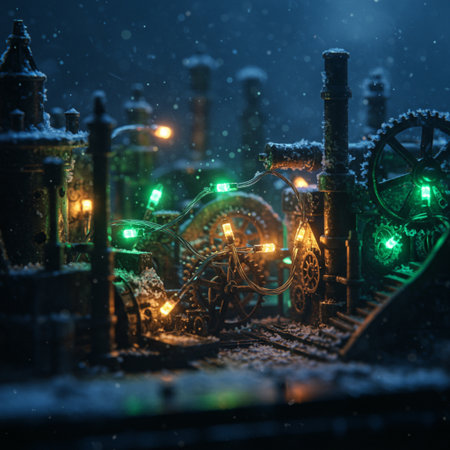 A miniature train rides through the snow in the city at night. Creative artwork decoration. Selective focusの素材