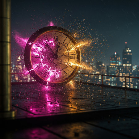 Time concept. Clock and city at night. 3D rendering.の素材