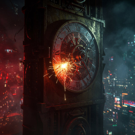 Close-up of a clock with sparks in the city at nightの素材