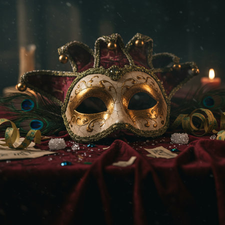 Traditional Venetian carnival mask on a dark background. Selective focus.の素材
