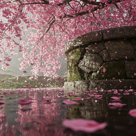 cherry blossom in the garden with water reflection and stone wallの素材