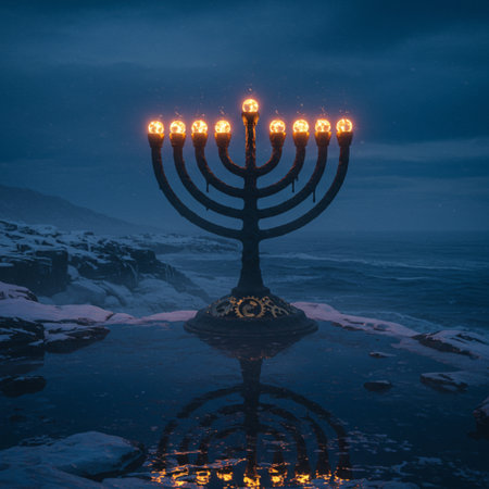 Illustration of a Menorah on the beach during the night.の素材