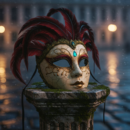 Traditional Venetian carnival mask with red feathers on a column in Venice, Italyの素材