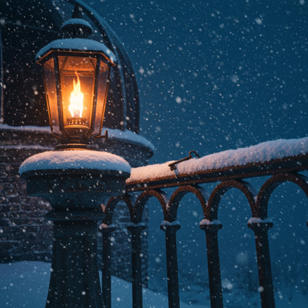 Lantern in the snow on the background of a winter landscapeの素材