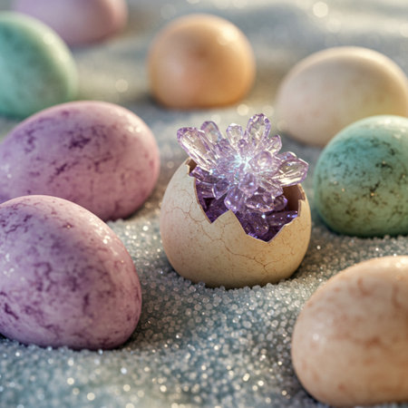 Easter eggs painted in pastel colors with a crystal on a blue backgroundの素材