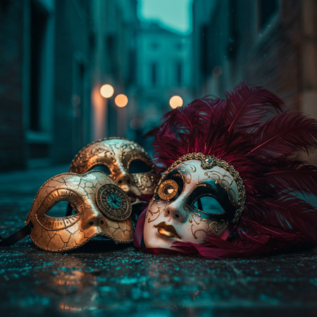 Venetian carnival mask with red feathers and bokeh lightsの素材