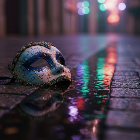 Traditional Venetian carnival mask on a cobblestone streetの素材