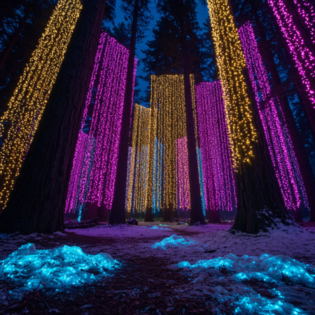 Christmas lights on the trees in the park at night. Winter backgroundの素材