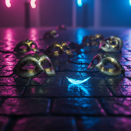 Carnival masks on the floor at night. Selective focus.の素材