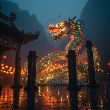 Dragon statue in chinese temple at night with fog and light.の素材