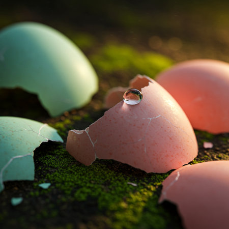 Easter eggshells with water drops on green moss background.の素材