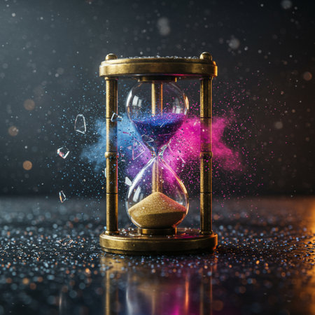 Hourglass with colorful sand on black background. Concept of time.の素材