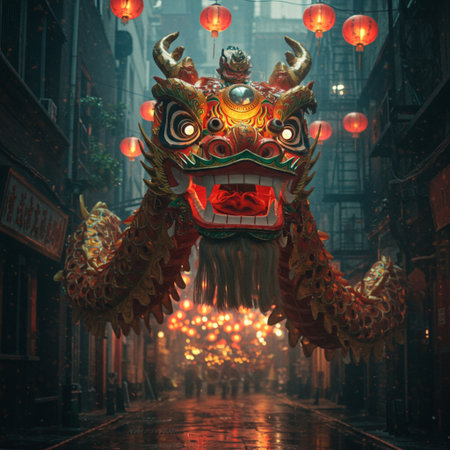 Chinese dragon in the streets of Chinatown in Hong Kong, China.の素材