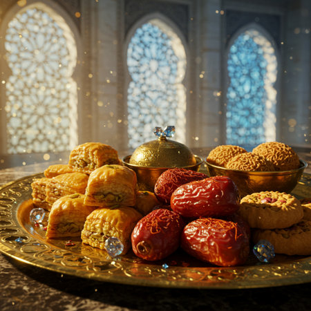 Traditional oriental sweets on a golden plate. Ramadan Kareem backgroundの素材