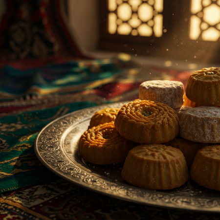 Traditional oriental sweets on a silver tray. Selective focus.の素材