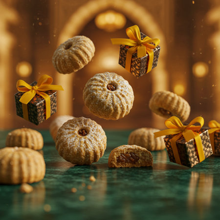 cookies with golden bows on a green background with bokehの素材