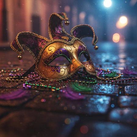 Traditional Venetian carnival mask on cobblestone street at nightの素材