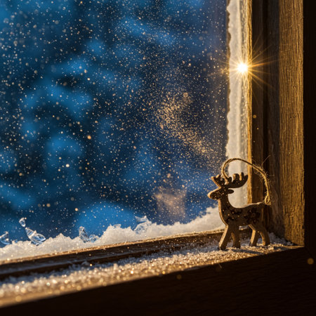 Reindeer toy on the window sill in the snow. Christmas conceptの素材