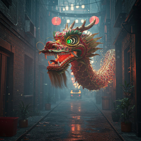 Chinese dragon in the old town. 3d rendering and illustration.の素材