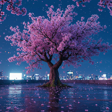 Cherry blossoms in Tokyo at night, Japan. 3D renderingの素材