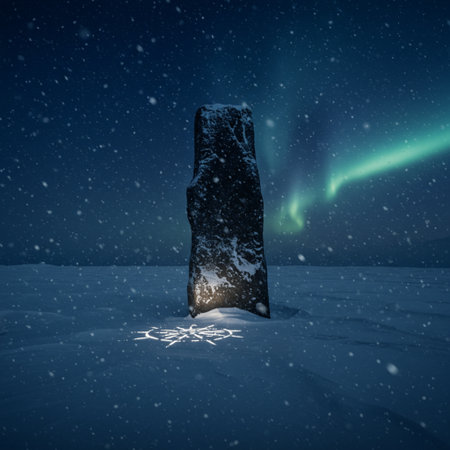 Aurora borealis, northern lights in snowy landscape. 3D renderingの素材