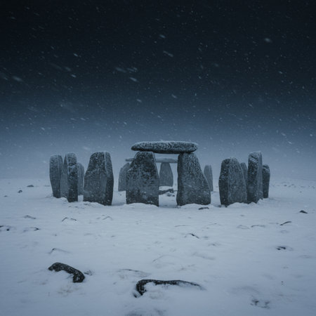Stonehenge in the snow, England, UK, with falling snowの素材