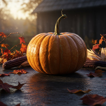 Pumpkin with autumn leaves and corn cob on rustic backgroundの素材