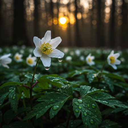 Anemone nemorosa in the forest at sunset. Beautiful spring flowers.の素材