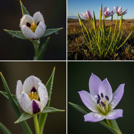 Crocuses on the meadow in early spring. Collageの素材