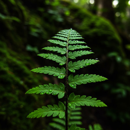 Green fern leaf with water drops in the rainforest, Thailand.の素材