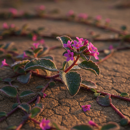 Pink flowers on the ground in the desert. Selective focus.の素材