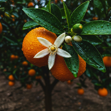 Ripe tangerines on a branch with leaves and flowers in the garden.の素材