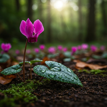 Purple cyclamen flowers growing in the forest, beautiful nature backgroundの素材