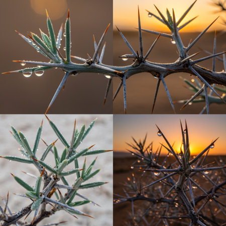 Collage of cactus with dew drops in desert at sunsetの素材