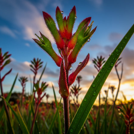 native Australian kangaroo paw plant with water drops on it at sunsetの素材