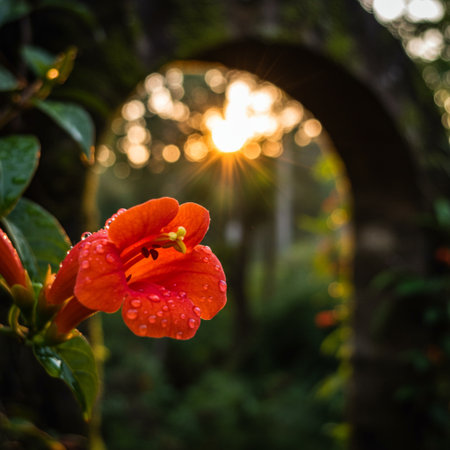Orange flower in the garden at sunset with sunlight and lens flare.の素材