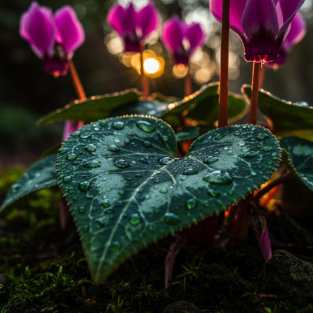 Beautiful blooming cyclamen with dew drops in the forest.の素材