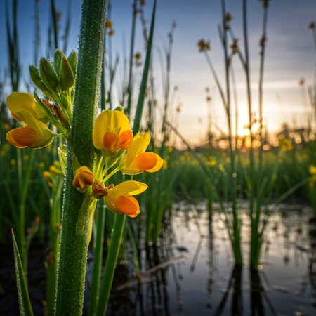 Yellow wildflowers in the meadow at sunset. Shallow depth of fieldの素材