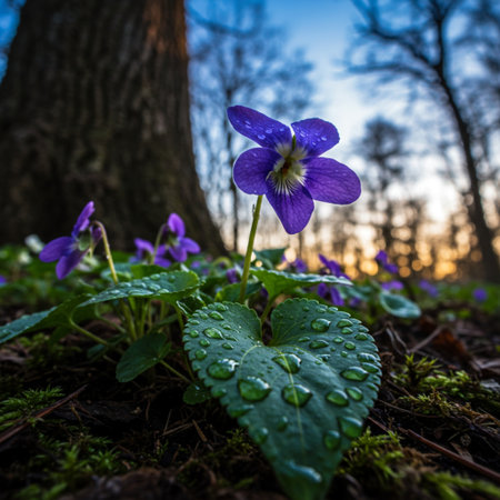 Beautiful violet flowers in the forest at sunset. First spring flowers.の素材