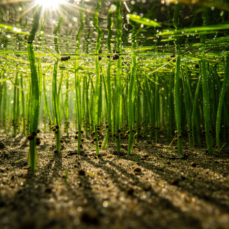 Sprouts of onion with dew in the morning sun rays.の素材