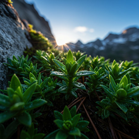 Sunrise in the mountains with green grass and sunbeams.の素材