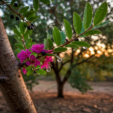 Closeup of pink flowers on a tree in the garden at sunsetの素材